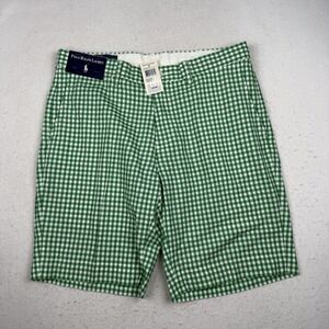 Polo Ralph Lauren Suffield Shorts Mens 34 Green Check Chino Flat Front 9 Inseam